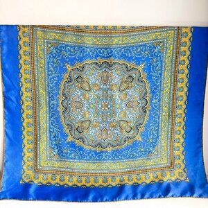 Vintage Paisley Geometric Print SILK Scarf Yellow Gold Hand Rolled Edge